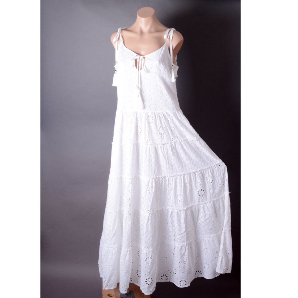 White Tiered Crochet Eyelet Fringe Bohemian Sleeveless Bow Summer Long Dress